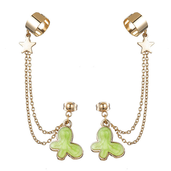 

PandaHall Light Gold 304 Stainless Steel Cuff Earring Chains, Star & Butterfly Alloy Enamel Dangle Stud Earrings Crawler Earrings, Green...