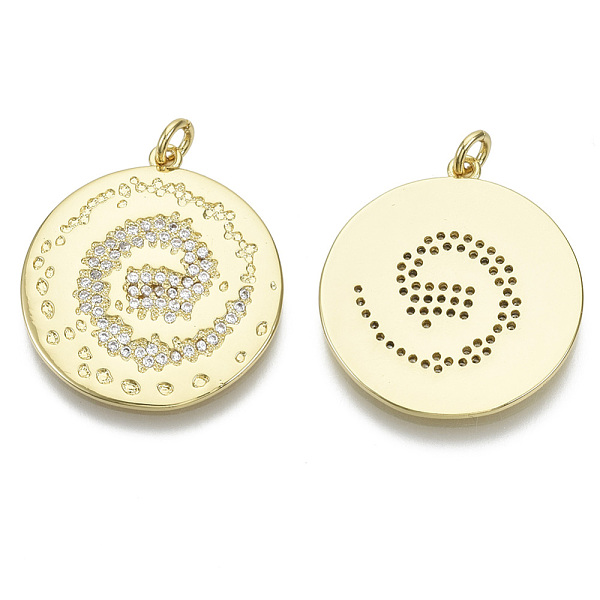 

PandaHall Brass Micro Pave Cubic Zirconia Pendants, Nickel Free, with Jump Rings, Flat Round with Vortex, Clear, Real 18K Gold Plated...