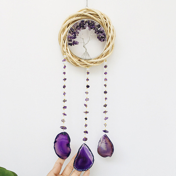 

PandaHall Rattan & Natural Amethyst Chips Flat Round with Tree of Life Pendant Decorations. Wind Chime, with Agate Piece, Moccasin..., Orange