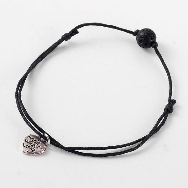 PandaHall Trendy Waxed Cotton Cord Anklets, with Lava Rock Beads and Tibetan Style Antique Silver Alloy Heart Charms, 150~300mm Lava Rock...