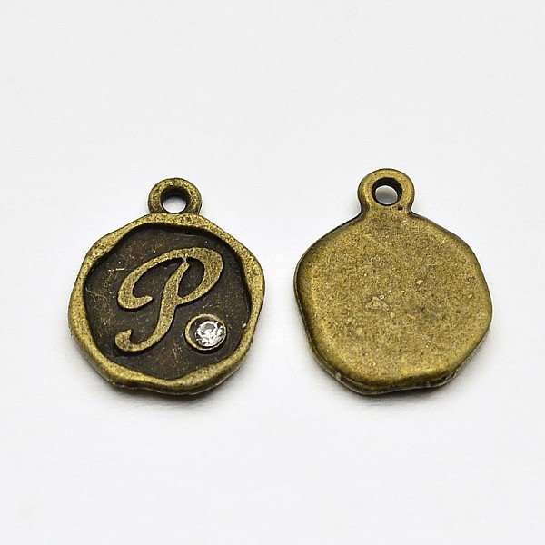 

PandaHall Antique Bronze Plated Alloy Rhinestone Charms, Flat Round with Letter.P, Nickel Free, 13x10x1.5mm, Hole: 1mm Alloy+Rhinestone..., Clear