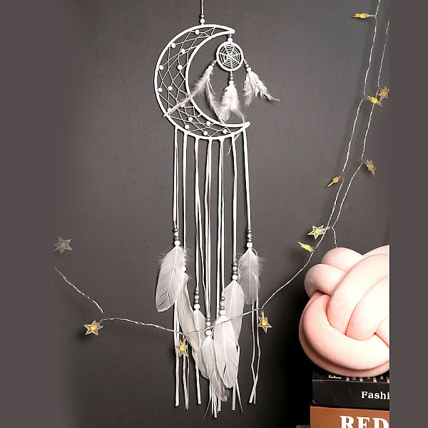 

PandaHall Woven Web/Net with Feather Pendant Decorations, Polyester Cord Hanging Home Decorations, Moon, 1000x200mm Feather Moon