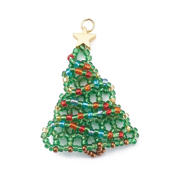 

PandaHall Christmas Trees Shape Pendants, with Glass Seed Beads, Brass Beads and 304 Stainless Steel Jump Rings, Green, 53x33x4.5mm, Hole...