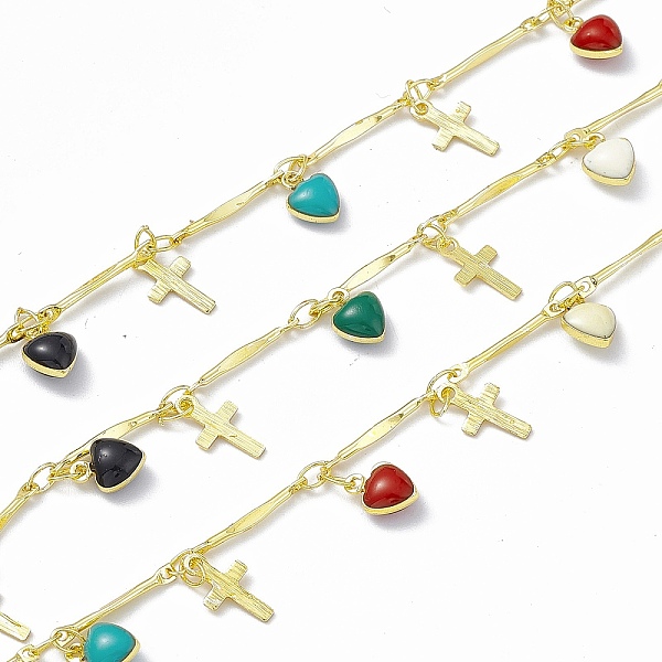 

PandaHall Handmade Brass Bar Link Chains, with Cross & Colorful Heart Charms, Soldered, with Spool, Real 18K Gold Plated, Link: 14x1.4x1mm...