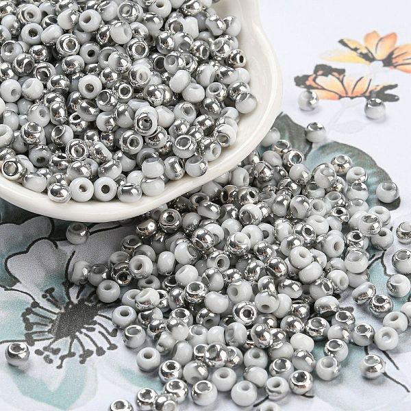

PandaHall Metallic Colors Glass Seed Beads, Half Plated, Two Tone, Round, WhiteSmoke, 6/0, 4x3mm, Hole: 1.4mm Glass White