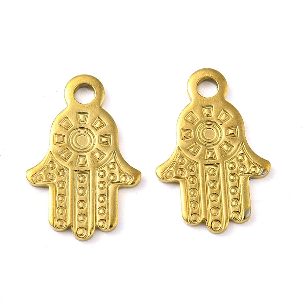 

PandaHall Ion Plating(IP) 304 Stainless Steel Pendants, Laser Cut, Hamsa Hand Charm, Real 18K Gold Plated, 15x10x1mm, Hole: 1.6mm 304...
