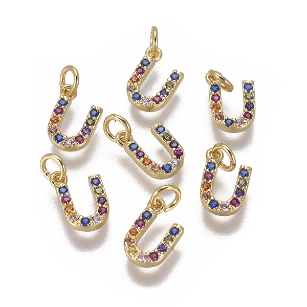 

PandaHall Brass Micro Pave Cubic Zirconia Charms, Letter, Colorful, Golden, Letter.U, 9x6x1.7mm, Hole: 2mm Brass+Cubic Zirconia Letter U