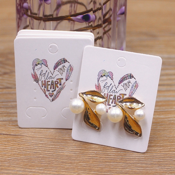 PandaHall Rectangle Paper Earring Display Card with Hanging Hole, Jewelry Display Cards for Earring Display, White, Heart Pattern...