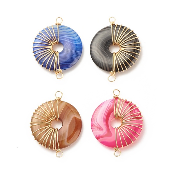 

PandaHall Natural Striped Agate Connector Charms, Twisted with Copper Wire, Dyed, Mixed Color, Flat Round/Disc, Golden..., Multicolor