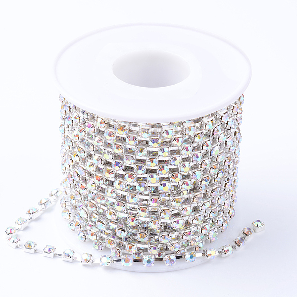 

PandaHall Brass Rhinestone Strass Chains, with Spool, Rhinestone Cup Chains, Silver Color Plated, Crystal AB, 2.8mm, about 10yards/roll..., Clear