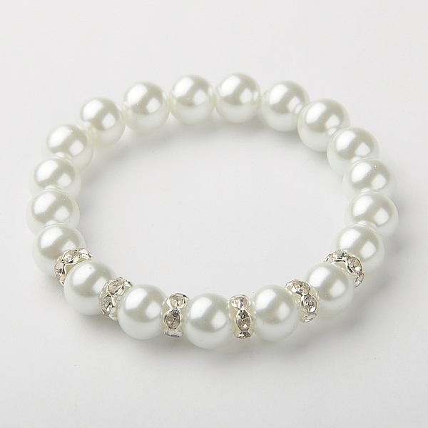 

PandaHall Glass Pearl Beads Stretch Bracelets, with Brass Rhinestone Beads, Silver Color Plated, White, 55mm Glass White