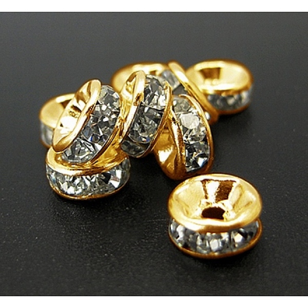 

PandaHall Iron Rhinestone Spacer Beads, Grade B, Straight Edge, Rondelle, Golden Color, Clear, Size: about 6mm in diameter, 3mm thick, hole...