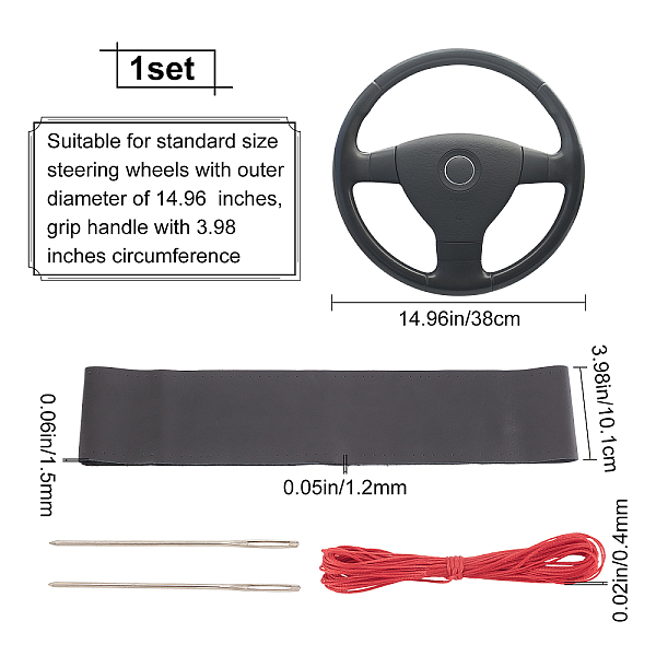 

PandaHall DIY Hand Sewing Genuine Leather Steering Wheel Cover, with Wax Cord and Needles, Black, Leather: 101x380x1.5mm, Hole: 1.2mm...