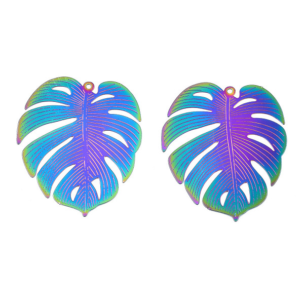 

PandaHall Ion Plating(IP) 304 Stainless Steel Filigree Pendants, Etched Metal Embellishments, Leaf, Rainbow Color, 39.5x34x0.2mm, Hole...