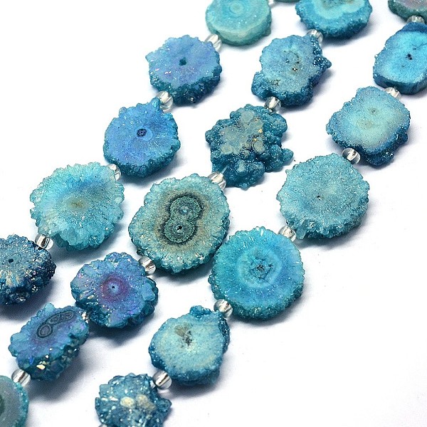 

PandaHall Natural Druzy Quartz Crystal Beads Strands, Solar Quartz, Dyed, Nuggets, Deep Sky Blue, 14~22x13~20x4~6mm, Hole: 1.5~2mm, about...