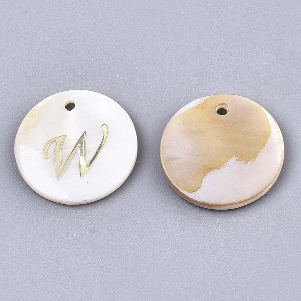 pandahall natural freshwater shell pendants, with golden plated brass etched metal embellishments, flat round with letter, letter. w, 15x2mm...
