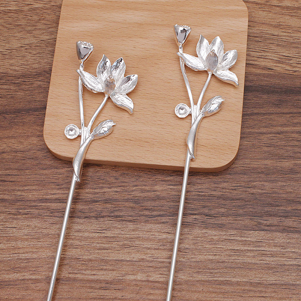 

PandaHall Iron Hair Stick Findings, with Alloy Cabochons Settings, Lotus, Silver, Tray: 10mm and 14x10mm, 181x34x15.5mm Iron
