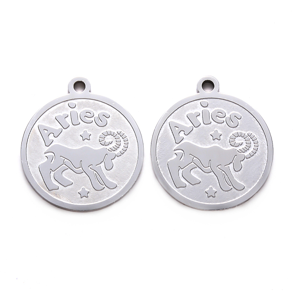

PandaHall 201 Stainless Steel Pendants, Flat Round with Twelve Constellation, Laser Cut, Stainless Steel Color, Aries, 25x22x1.5mm, Hole...