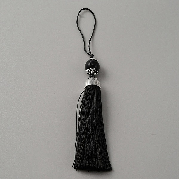 

PandaHall Polyester Tassel Big Pendants Decorations, with Acrylic Beaded and Platinum Alloy Findings, Black, 188mm Polyester Black