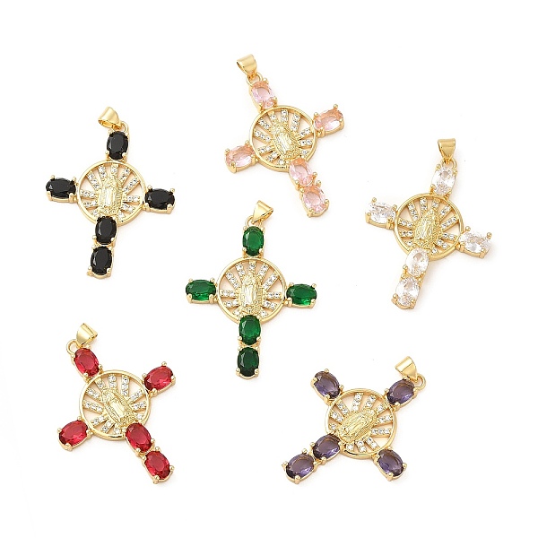 

PandaHall Rack Plating Brass Pendants, with Glass Cubic Zirconia, Religion Cross with Virgin Mary Charm, Cadmium Free & Lead Free..., Multicolor