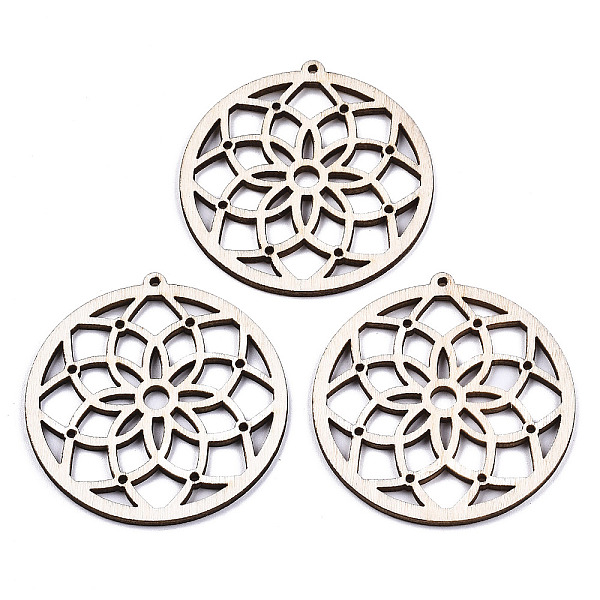 

PandaHall Undyed Natural Wooden Big Pendants, Laser Cut Shapes, Ring with Flower, Antique White, 52x49x2mm, Hole: 1.6mm Wood Flower