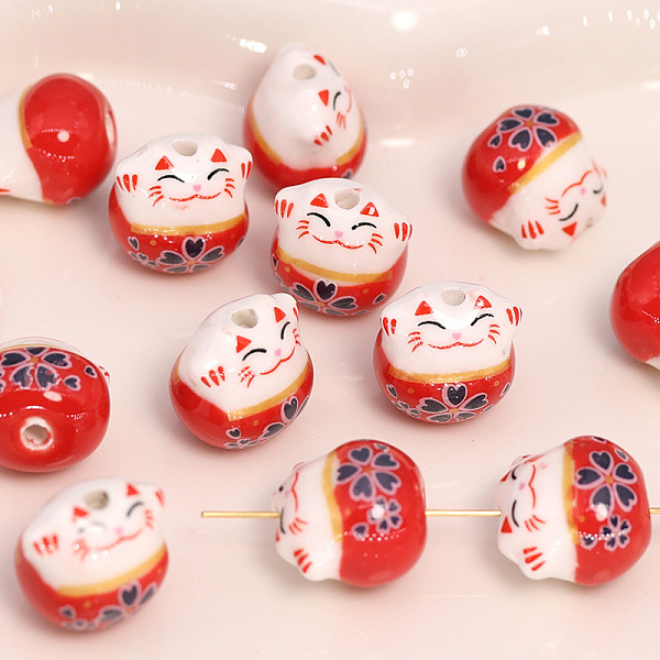 

PandaHall Handmade Porcelain Beads, Maneki Neko Cat, Red, 13x14mm Porcelain Cat Shape Red