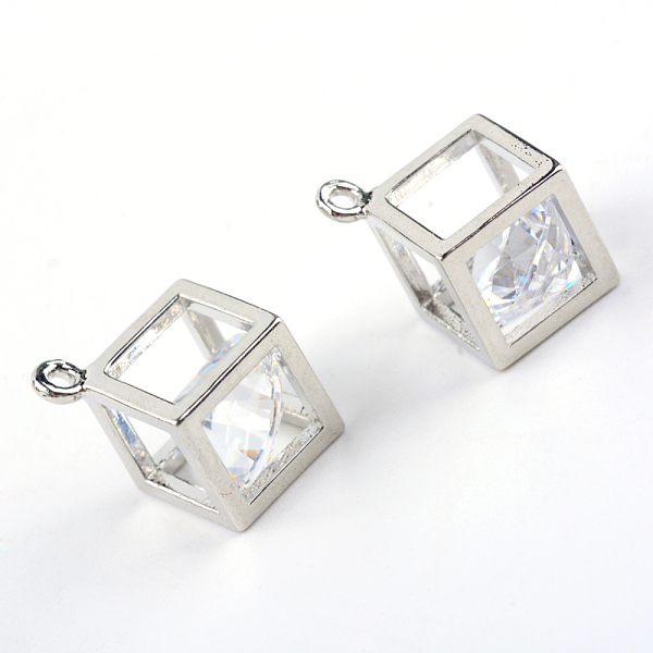 

PandaHall Brass Glass Charms, Cube, Silver Color Plated, 9.5x9.5x8mm, Hole: 1mm Brass+Glass Cube Silver