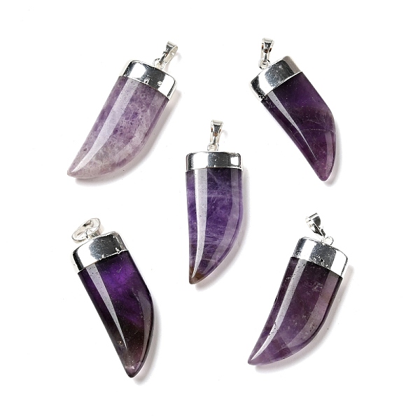 

PandaHall Natural Amethyst Pendants, with Silver Tone Brass Findings, Dagger Shape, 41~42x15~16x6.5~7.5mm, Hole: 5x7.5mm Amethyst Others
