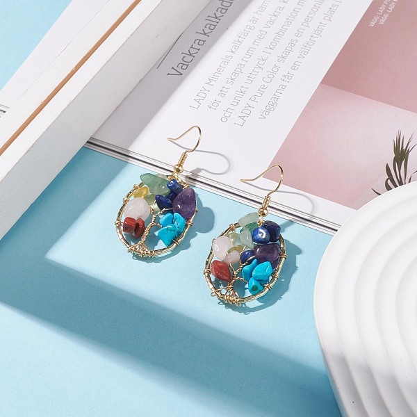 

PandaHall Natural & Synthetic Mixed Gemstone Chips Oval with Tree of Life Dangle Earrings, 7 Chakra Brass Wire Wrap Jewelry for Women...