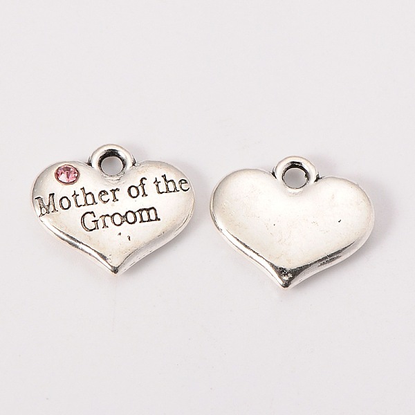 

PandaHall Wedding Theme Antique Silver Tone Tibetan Style Alloy Heart with Mother of the Groom Rhinestone Charms, Cadmium Free & Lead Free..., Pink