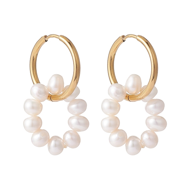 

PandaHall Natural Pearl Beaded Ring Shape Hoop Earring, Drop Huggie Hoop Earrings for Girl Women, Golden, 33mm, Pin: 1mm Pearl Ring