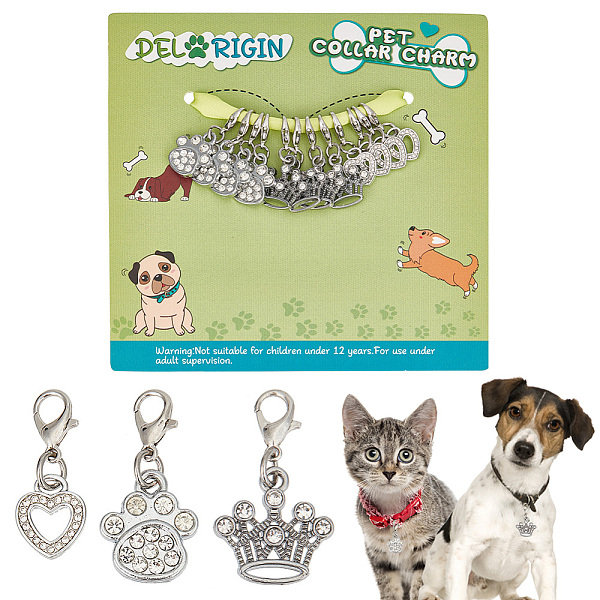 

PandaHall 12Pcs 3 Styles Heart/Crown/Paw Print Alloy Pet Pendant Decorations, with Alloy Lobster Claw Clasps, Platinum, 26~31mm, 4pcs/style..., Multicolor