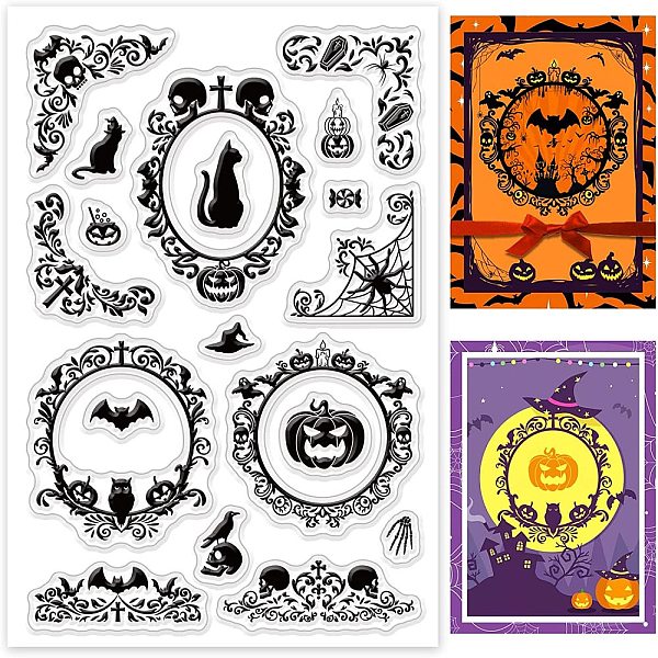 

PandaHall GLOBLELAND Halloween Clear Stamps Bat Cat Pumpkin Lace Corner Frame Silicone Clear Stamp Seals for Cards Making DIY Scrapbooking...