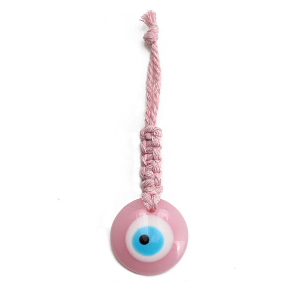 

PandaHall Flat Round with Evil Eye Resin Pendant Decorations, Cotton Cord Braided Hanging Ornament, Pink, 109mm Resin Evil Eye Pink