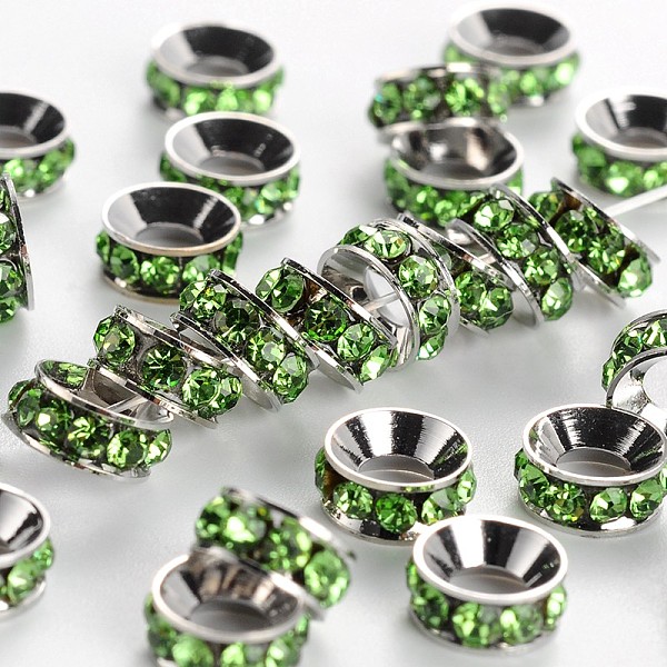 

PandaHall Brass Rhinestone Spacer Beads, Grade A, Rondelle, Platinum Metal Color, Peridot, 7x3.3mm, Hole: 3.5mm Brass+Rhinestone Rondelle..., Green