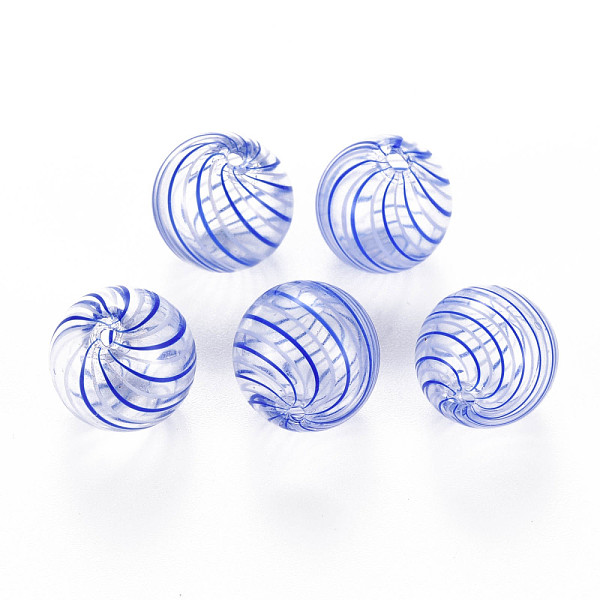 

PandaHall Transparent Handmade Blown Glass Globe Beads, Stripe Pattern, Round, Blue, 13~14.5mm, Hole: 1~2mm Glass Round Blue