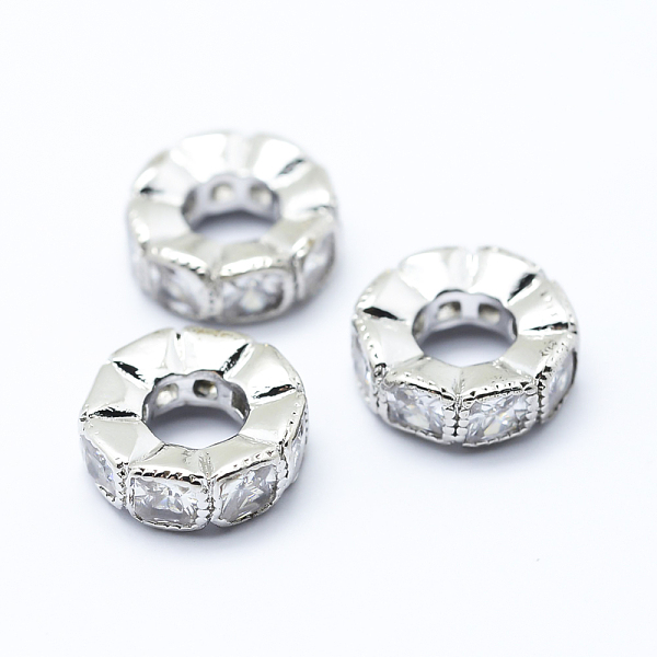 

PandaHall Brass Micro Pave Cubic Zirconia European Beads, Large Hole Beads, Flat Round, Platinum, 10x3.5mm, Hole: 4mm Brass+Cubic Zirconia..., Clear