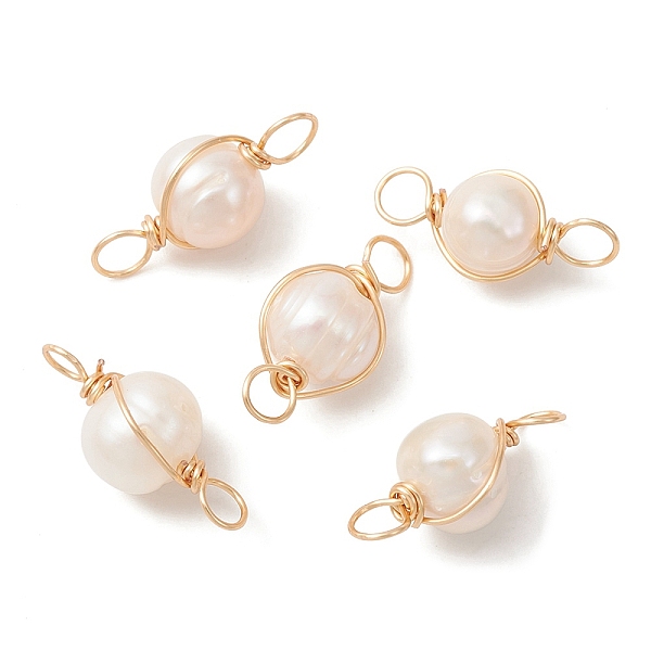 

PandaHall Natural Cultured Freshwater Pearl Connector Charms, Round Links with Real 18K Gold Plated Eco-Friendly Copper Wire Wrapped, Floral...