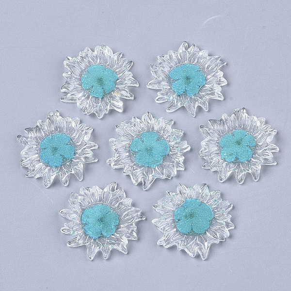 

PandaHall Transparent Clear Epoxy Resin Cabochons, with Dried Flower Inside, Flower, Dark Turquoise, 32~35x6mm Epoxy Resin Flower Cyan