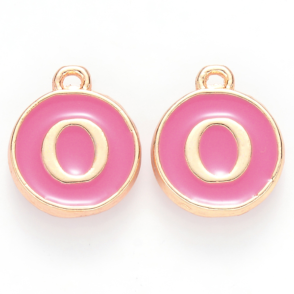 

PandaHall Golden Plated Alloy Enamel Charms, Cadmium Free & Lead Free, Enamelled Sequins, Flat Round with Letter, Camellia, Letter.O..., Pink
