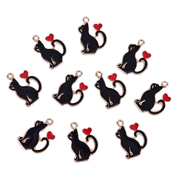 

PandaHall Valentine's Day Alloy Enamel Pendants, Light Gold, Cat with Heart Charm, Black, 21x15mm Alloy+Enamel Cat Shape Black