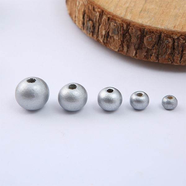 

PandaHall Spray Painted Natural Chinese Cherry Wood Beads, Round, Silver, 6.5x5mm, Hole: 2.5mm, about 300pcs/bag Wood Round Silver