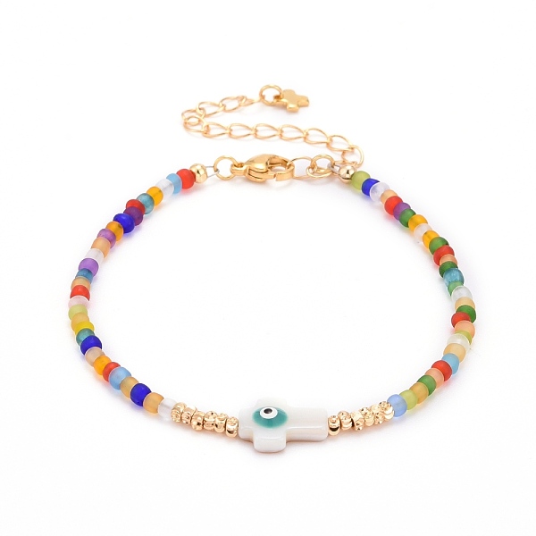 

PandaHall Cross with Evil Eye Beaded Bracelets, with Glass Seed & Brass & Natural Freshwater Shell Beads, 304 Stainless Steel Lobster Claw...