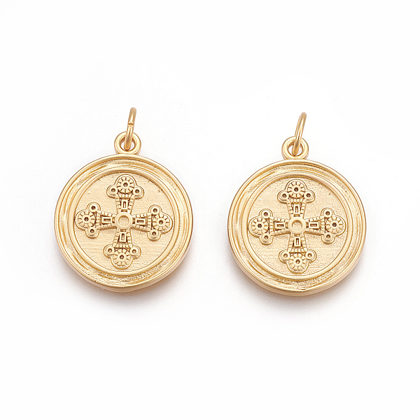 

PandaHall Brass Pendants, Lead Free & Cadmium Free, Flat Round with Cross, Matte Gold Color, 18.5x16x2mm, Hole: 3.5mm Brass Flat Round