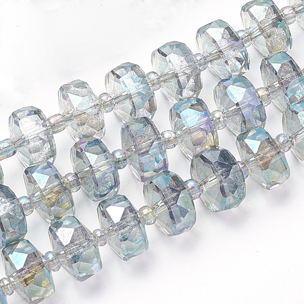 PandaHall Electroplat Glass Beads Strands, Rainbow Plated, Faceted, Rondelle, Dark Turquoise, 10x6.5mm, Hole: 1.2mm, about 60pcs/strand...