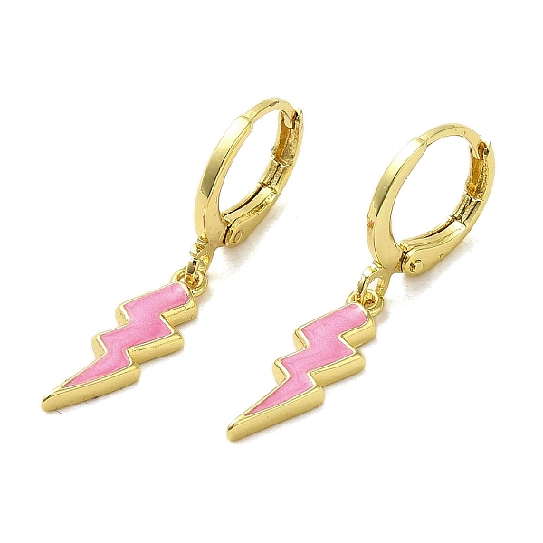 

PandaHall Lightning Bolt Real 18K Gold Plated Brass Dangle Leverback Earrings, with Enamel, Pink, 29x5.5mm Brass Lightning Bolt Pink