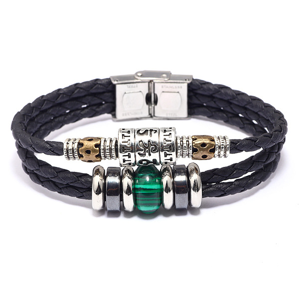 

PandaHall Leather Multi-strand Bracelets, with Malachite, Synthetic Hematite, Alloy Findings and Stainless Steel Clasps, 8-1/8 inch(20.5cm)..., Green