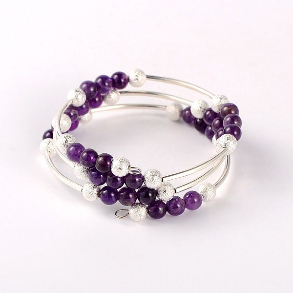 

PandaHall Natural Gemstone Wrap Bracelets, with Brass Textured Beads and Brass Tube Beads, Silver Color Plated, Amethyst, 52mm Amethyst