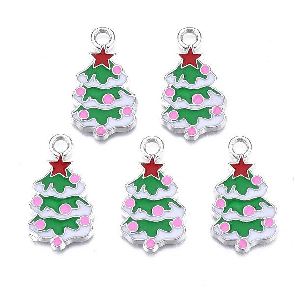

PandaHall Christmas Tree Alloy Enamel Pendants, Christmas Theme, Pearl Pink, Platinum, 26x15x2mm, Hole: 3mm Alloy+Enamel Tree Pink