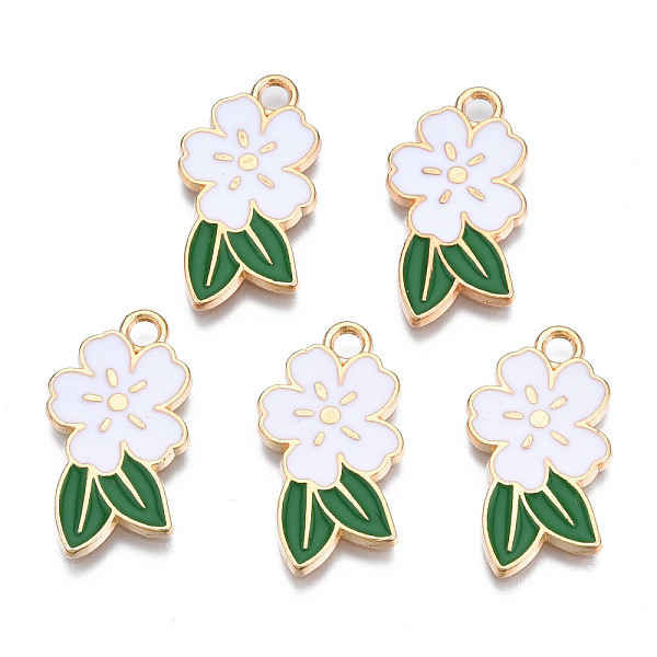 

PandaHall Alloy Enamel Pendants, Cadmium Free & Lead Free, Light Gold, Flower, White, 24.5x14.5x1.5mm, Hole: 2mm Alloy+Enamel Flower White
